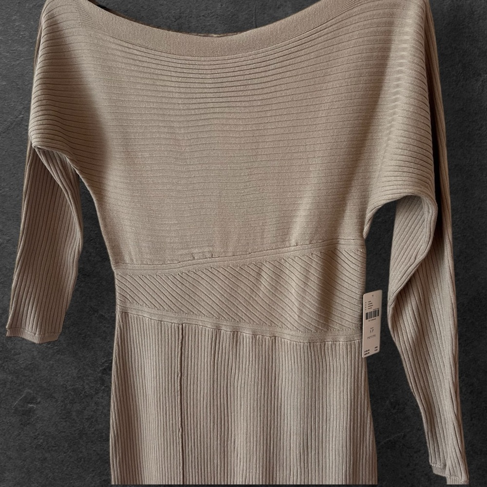 Anthropologie Petites Off-the-Shoulder Slim Knit Midi Dress Taupe Size SP - Picture 5 of 14